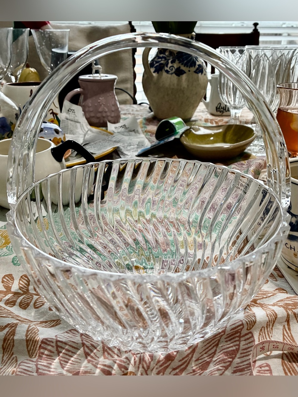 Towle Crystal Brides Basket w/Handle. Vintage Tag and “Towle” etched on bottom.